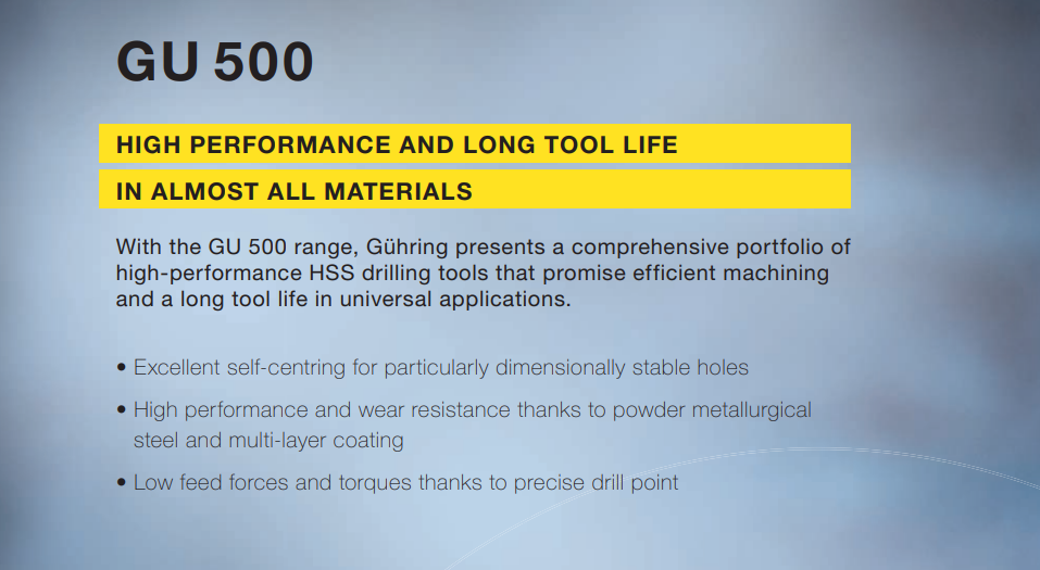 Линейка спиральных сверл GU 500 от Gühring в оригинальном каталоге